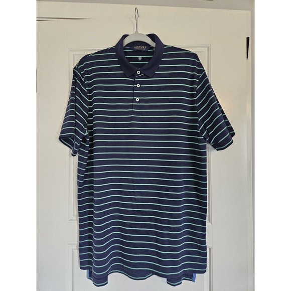 Mens Polo Golf Moisture Wicking Shirt Size L Navy Blue Green Stripes - Picture 2 of 7